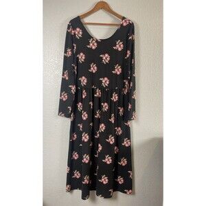 Old Navy Fit Flare Midi Dress Black Red Floral Jersey Long Sleeve Sz XL TALL